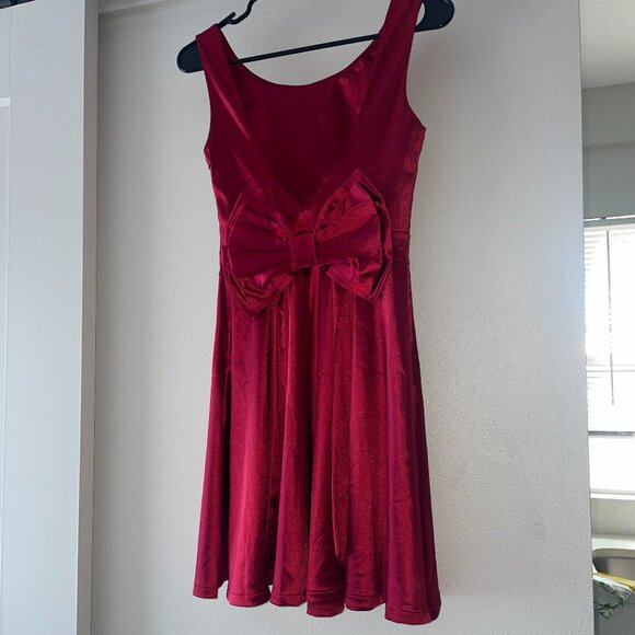 NWOT Dark Red Satin Christmas Mini Dress w Bow - Picture 5 of 14